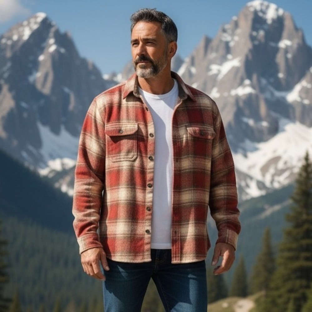 Orvis Mens Heritage Workwear Heavy Weight Plaid‎ Button Up Flannel Shirt Red Tan